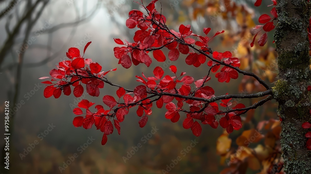 A red-leaved tree branch against a blurred backdrop of leaves A red-leaved tree branch against a blurred backdrop of leaves