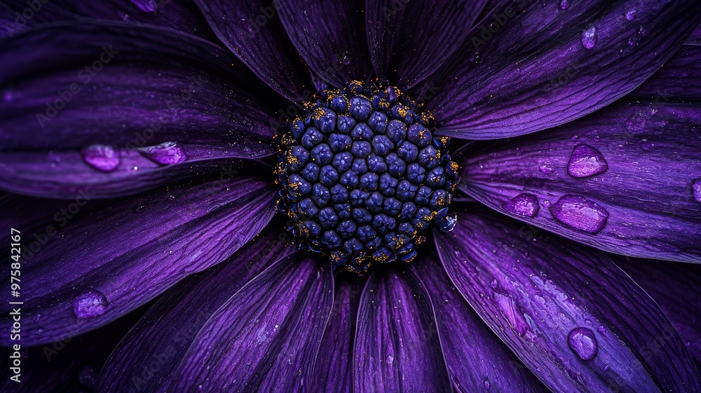 Obraz premium A tight shot of a purple flower, adorned with water droplets on its petals, each one glistening in reflection
