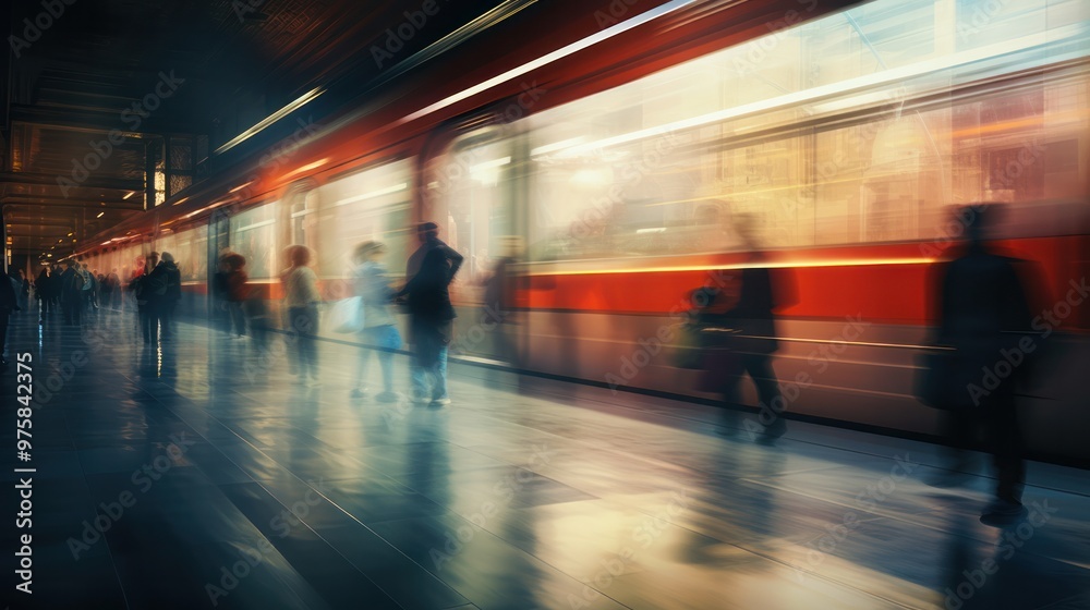 Abstract view of a passing train with the blurred reflections of people standing on the platform, Abstract view of a passing train with the blurred reflections of people standing on the platform,
