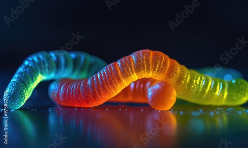 Close-up of gummy worms in glowing Halloween shades photo