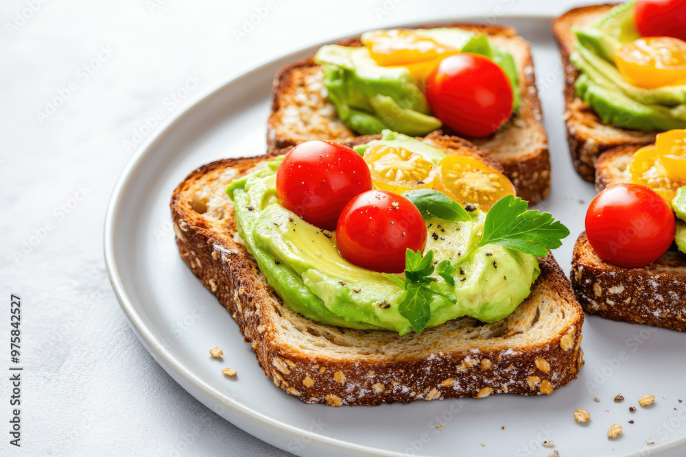 Avocado toast topped with cherry tomatoes and fresh herbs, vibrant colors enhance the wholesome whole grain bread, perfect for a healthy breakfast or brunch option Avocado toast topped with cherry tomatoes and fresh herbs, vibrant colors enhance the wholesome whole grain bread, perfect for a healthy breakfast or brunch option