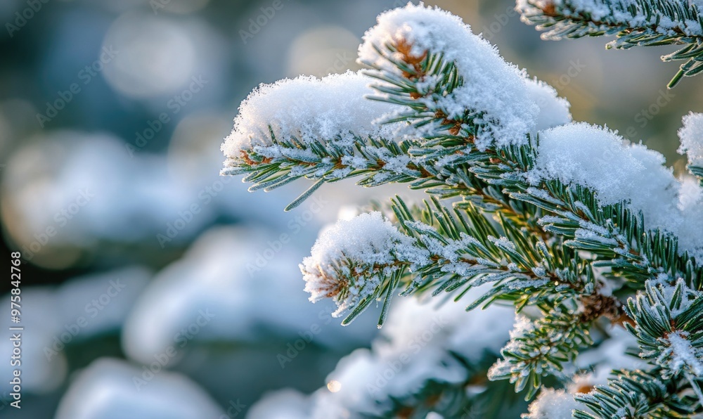 Close-up shot of snowy spruce needles, serene winter morning