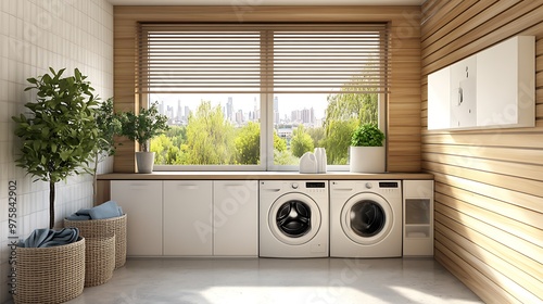 Modern Laundry Room with Wooden Accents and City View