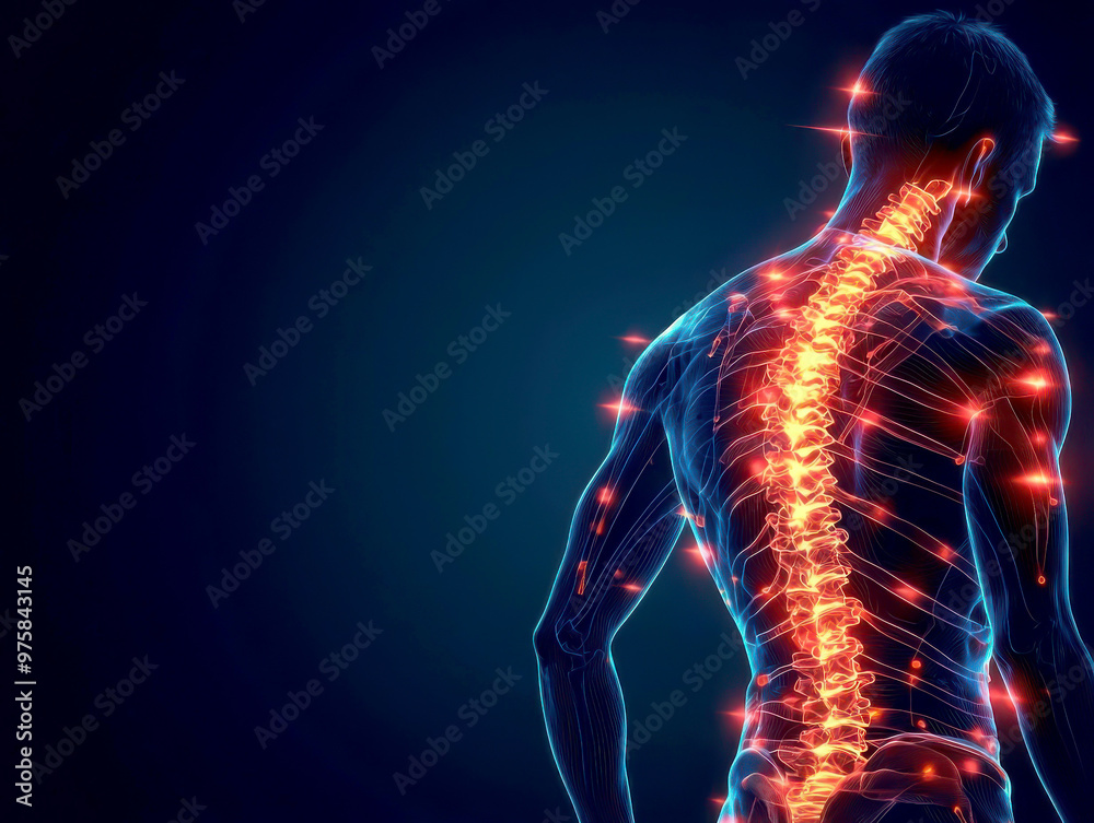 Illustration of a human spine with glowing lights, representing anatomy and neural pathways in a dark background. Illustration of a human spine with glowing lights, representing anatomy and neural pathways in a dark background.