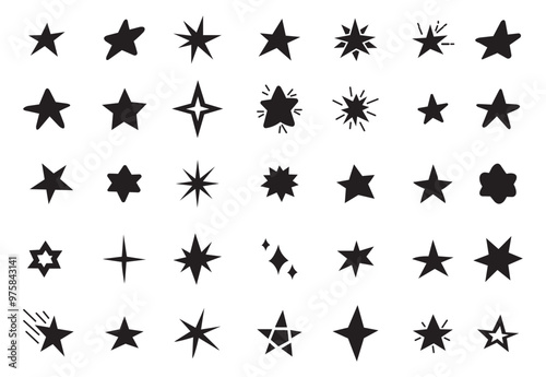 Set of hand drawn stars. Abstract seamless pattern of hand drawn black doodle stars on white background. Cute star shapes, black starburst doodle signs for Christmas decoration isolated set