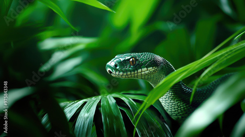 A vibrant green snake partially hidden among lush tropical leaves, showcasing its striking colors and natural habitat.