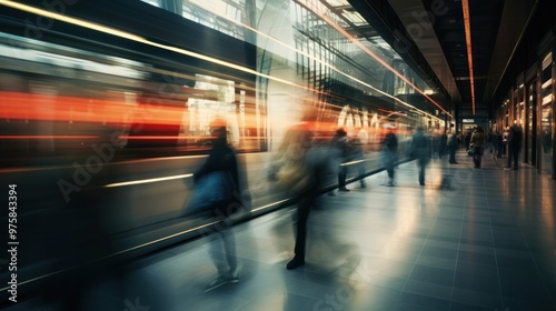 Abstract view of a passing train with the blurred reflections of people standing on the platform,