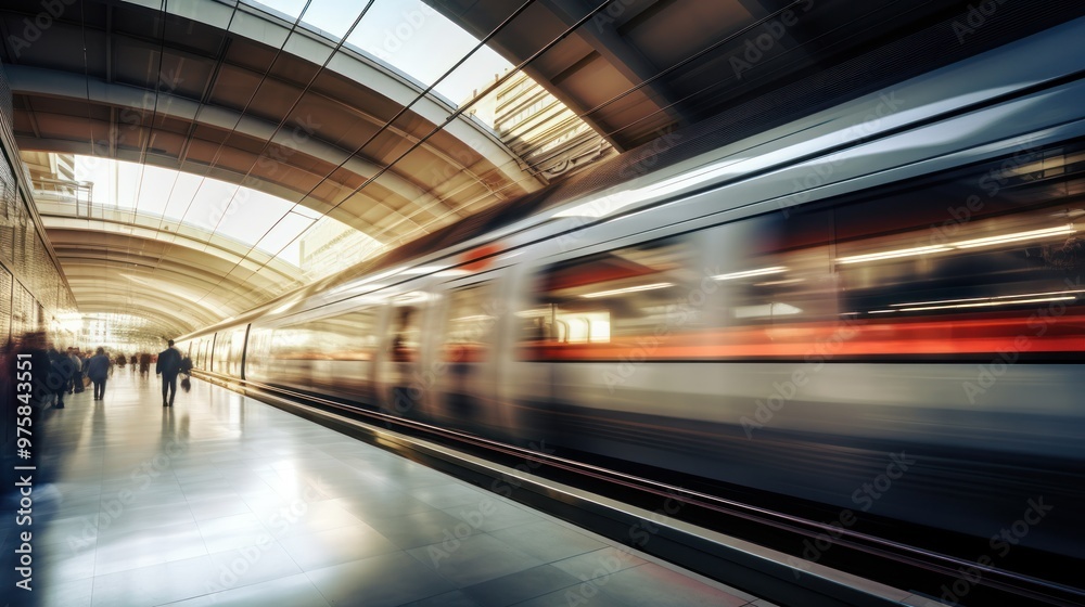 Abstract view of a passing train with the blurred reflections of people standing on the platform, Abstract view of a passing train with the blurred reflections of people standing on the platform,
