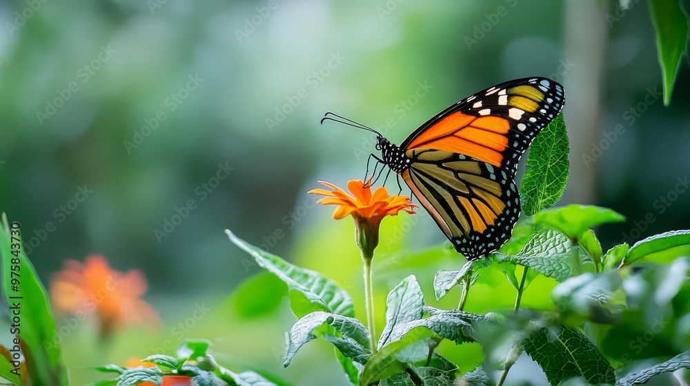 A tight shot of a butterfly atop a flower amidst a sea of green and orange blossoms, framed by distant trees A tight shot of a butterfly atop a flower amidst a sea of green and orange blossoms, framed by distant trees