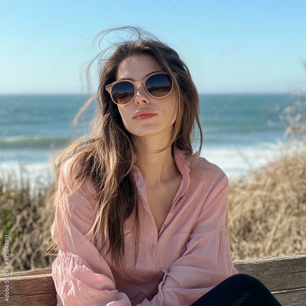 A brunette with sunglasses on is sitting on a bench near the Pacific Ocean. She is wearing pink blouse and it appears to be a colder day. A brunette with sunglasses on is sitting on a bench near the Pacific Ocean. She is wearing pink blouse and it appears to be a colder day.