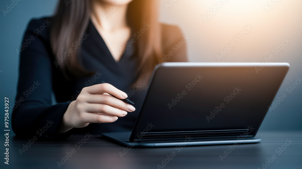 Woman using digital tablet and working on laptop computer on office table Woman using digital tablet and working on laptop computer on office table