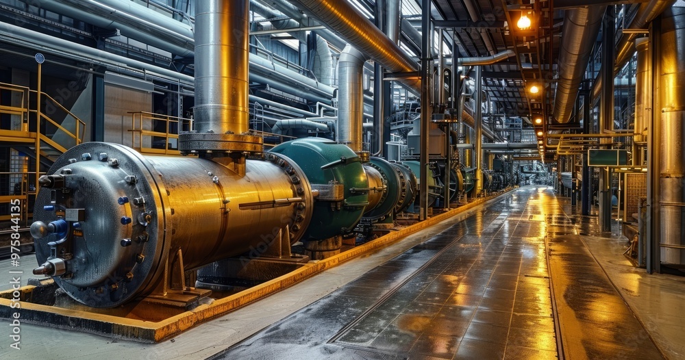 A clear and comprehensive view of a meticulously organized industrial pipeline system in a modern facility setup A clear and comprehensive view of a meticulously organized industrial pipeline system in a modern facility setup