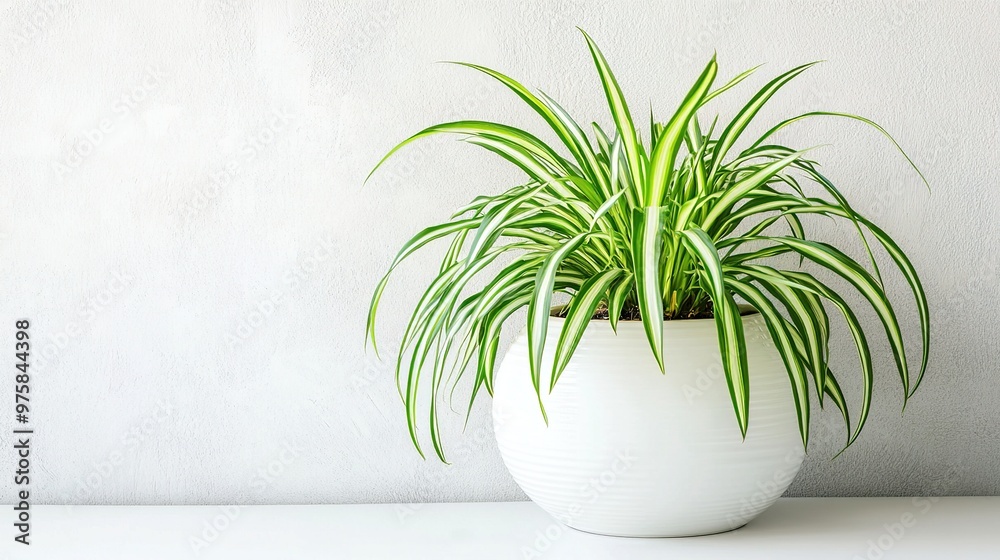 Vibrant Spider Plant in Minimalist White Pot Against Concrete Wall Background Vibrant Spider Plant in Minimalist White Pot Against Concrete Wall Background