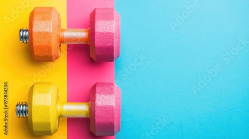 Two colorful dumbbells are on a blue background