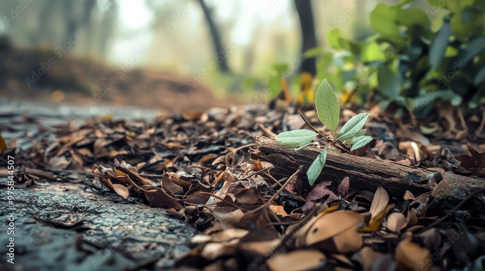 A tiny green shoot emerges from a wood chip pile within a woodland setting A tiny green shoot emerges from a wood chip pile within a woodland setting