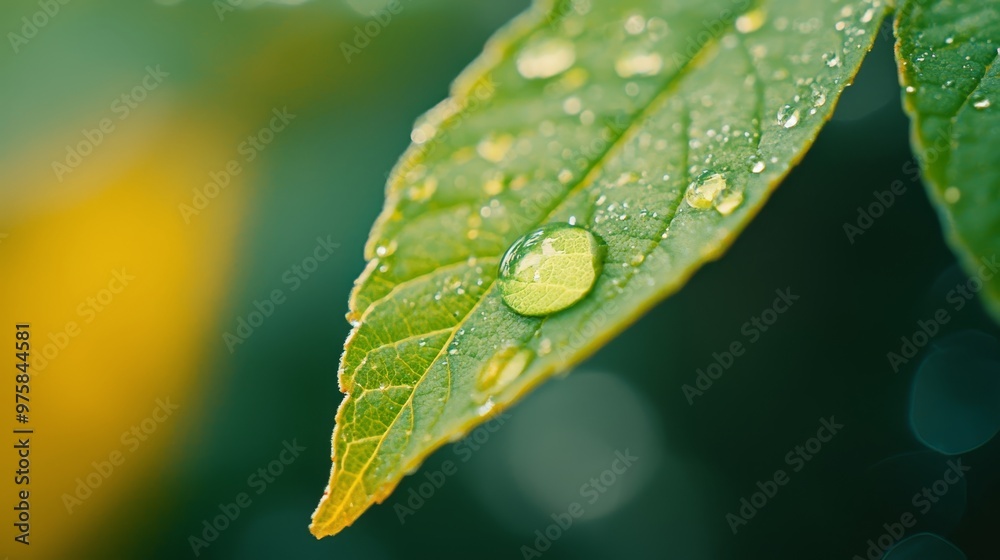 A tight shot of a green leaf, adorned with water droplets, against a softly blurred backdrop A tight shot of a green leaf, adorned with water droplets, against a softly blurred backdrop