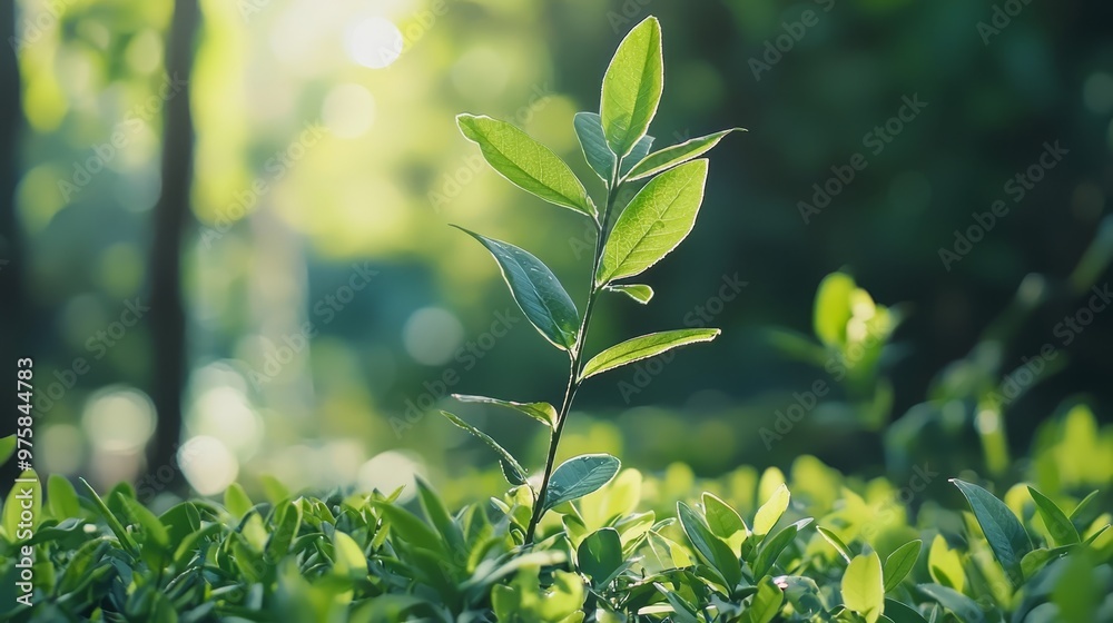 A tight shot of a small green plant, situated amidst a grassy expanse, as sunlight filters through nearby trees A tight shot of a small green plant, situated amidst a grassy expanse, as sunlight filters through nearby trees