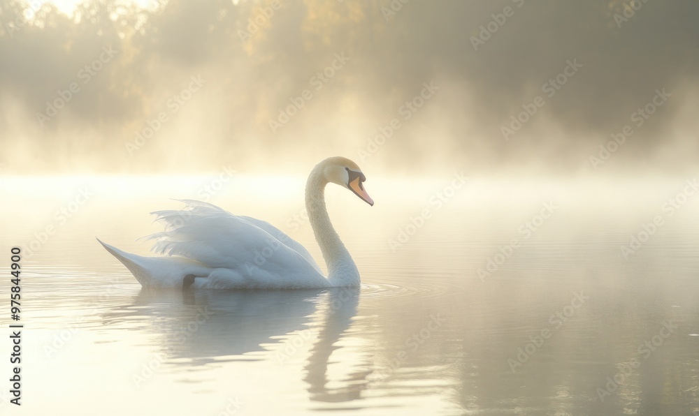 Fototapeta premium Graceful white swan floating on a misty lake, soft morning light illuminating the scene