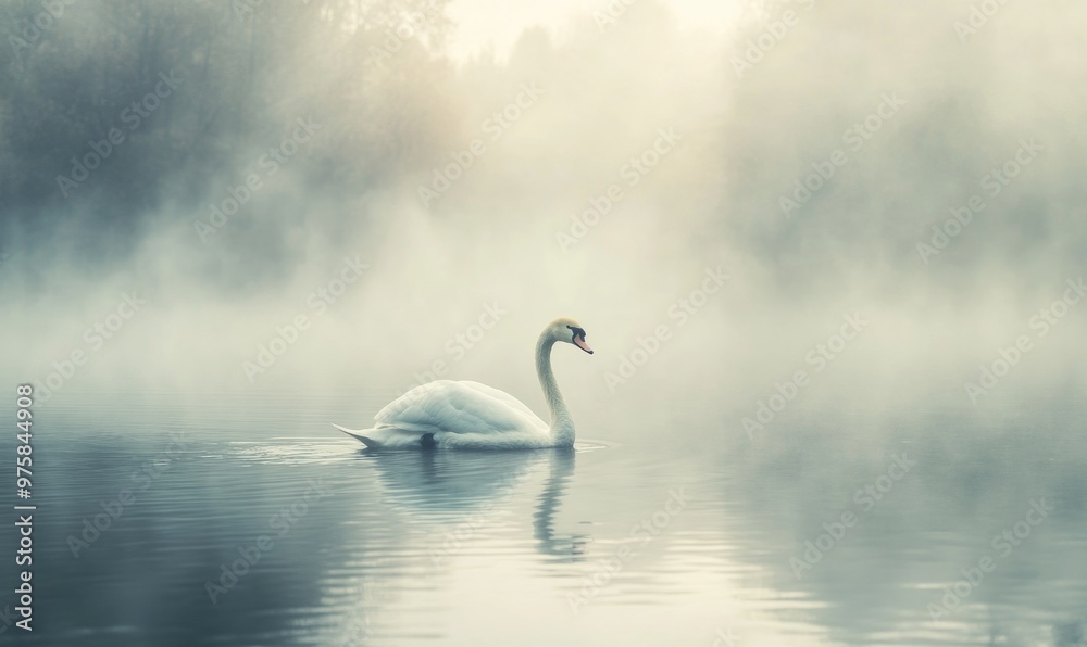Fototapeta premium Graceful white swan floating on a misty lake, soft morning light illuminating the scene