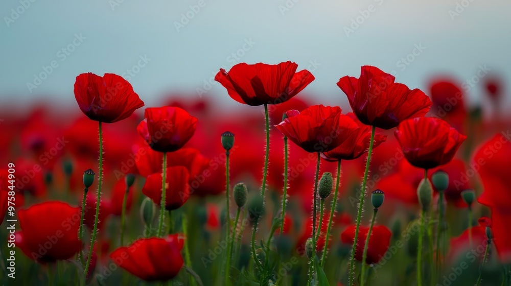 Fototapeta premium A blurred image of a red poppy field in the foreground against a backdrop of a clear blue sky