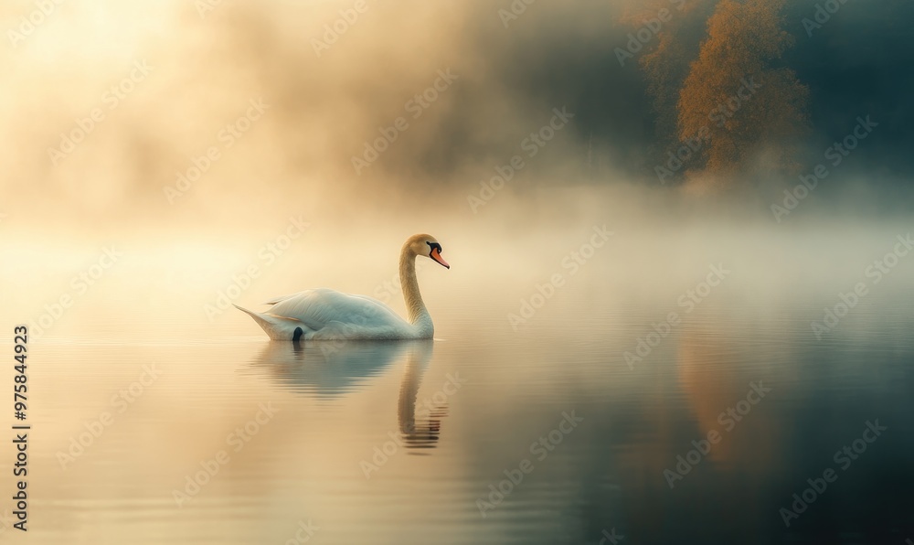 Fototapeta premium Graceful white swan floating on a misty lake, soft morning light illuminating the scene