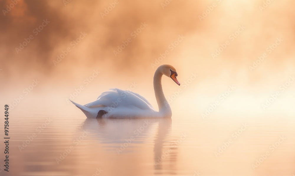 Obraz premium Graceful white swan floating on a misty lake, soft morning light illuminating the scene