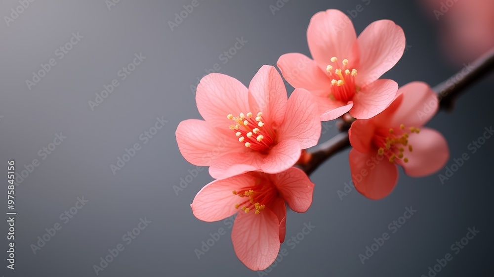 A tight shot of a pink bloom on a tree branch, surrounded by nearby flowers in the foreground, against a backdrop of gray A tight shot of a pink bloom on a tree branch, surrounded by nearby flowers in the foreground, against a backdrop of gray