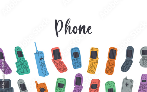 Phones horizontal banner. Mobile phone from the 90s. Retro electronic devices. Flip mobile, pager, beeper, cell phone, old telephone. photo