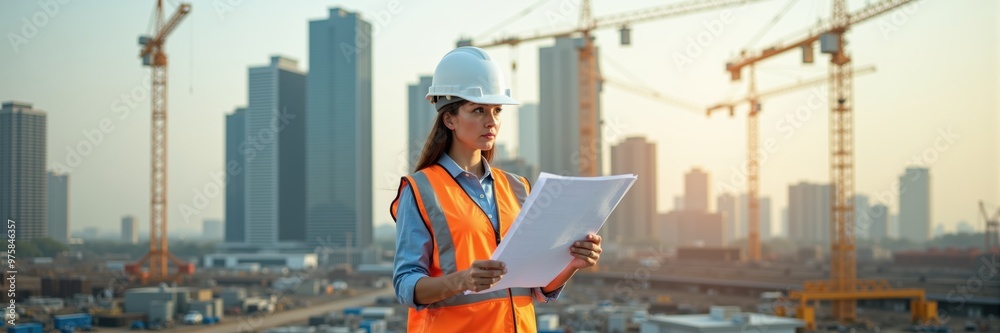 A confident female construction manager reviews blueprints at a bustling construction site, illustrating the importance of leadership in the building industry. A confident female construction manager reviews blueprints at a bustling construction site, illustrating the importance of leadership in the building industry.