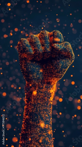 Raised Fist Made of Binary Code Surrounded by Vibrant Orange Light in a Minimalist Setting