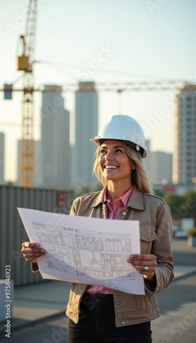 A confident woman in a construction site, wearing a hard hat and reviewing blueprints, symbolizing empowerment and professionalism in the architecture and engineering sectors.