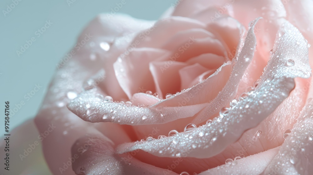 Fototapeta premium A pink rose, closely framed, features water droplets glistening on its petals against a light blue backdrop