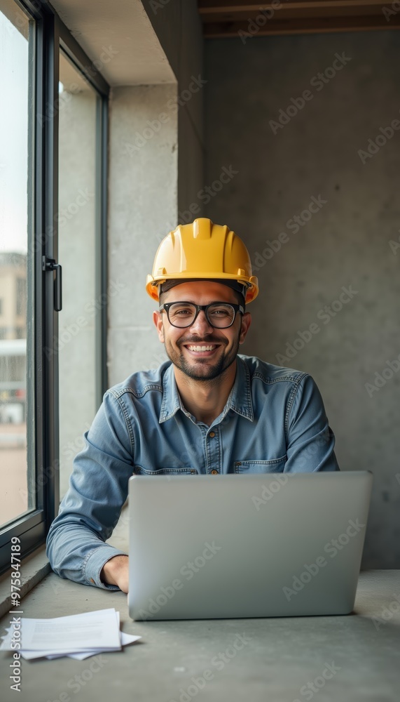 A cheerful construction worker in a hard hat smiles at the camera while working on a laptop, showcasing the blend of modern technology and traditional construction. A cheerful construction worker in a hard hat smiles at the camera while working on a laptop, showcasing the blend of modern technology and traditional construction.