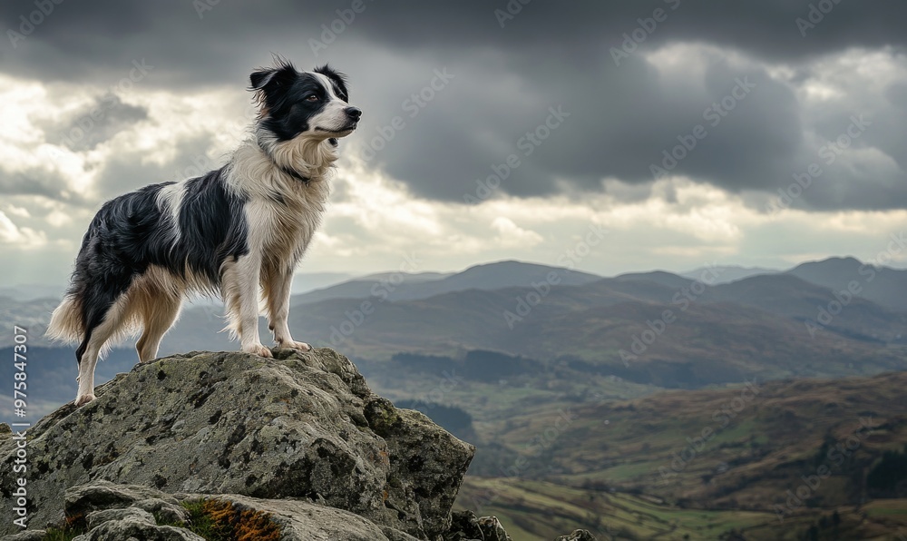 Scottish Sheepdog standing on a rocky hillside Scottish Sheepdog standing on a rocky hillside