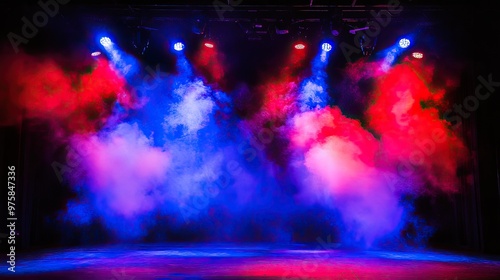 A stage with lights and smoke