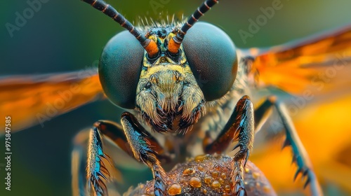  A detailed shot of a fly with vibrant orange and blue wings, and distinct orange leg tips at the rear photo