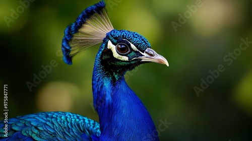  A tight shot of a blue bird, its head adorned with a single feather, set against a softly blurred backdrop