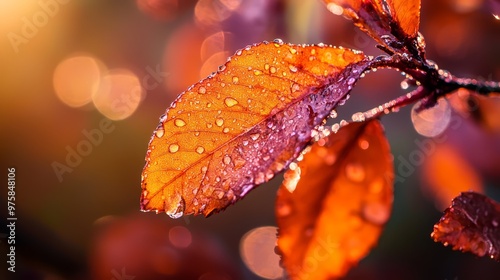  A tight shot of a single wet leaf, speckled with water droplets, against a softly blurred backdrop of more leaves and their own watery orbs