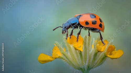  A ladybug perched on a yellow flower Another ladybug atop an adjacent yellow bloom