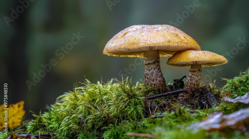  A cluster of mushrooms atop a mossy forest floor, adorned with abundant yellow and green leaves