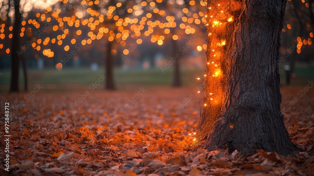 Sparse autumn tree with glowing string lights wrapped around its branches Sparse autumn tree with glowing string lights wrapped around its branches