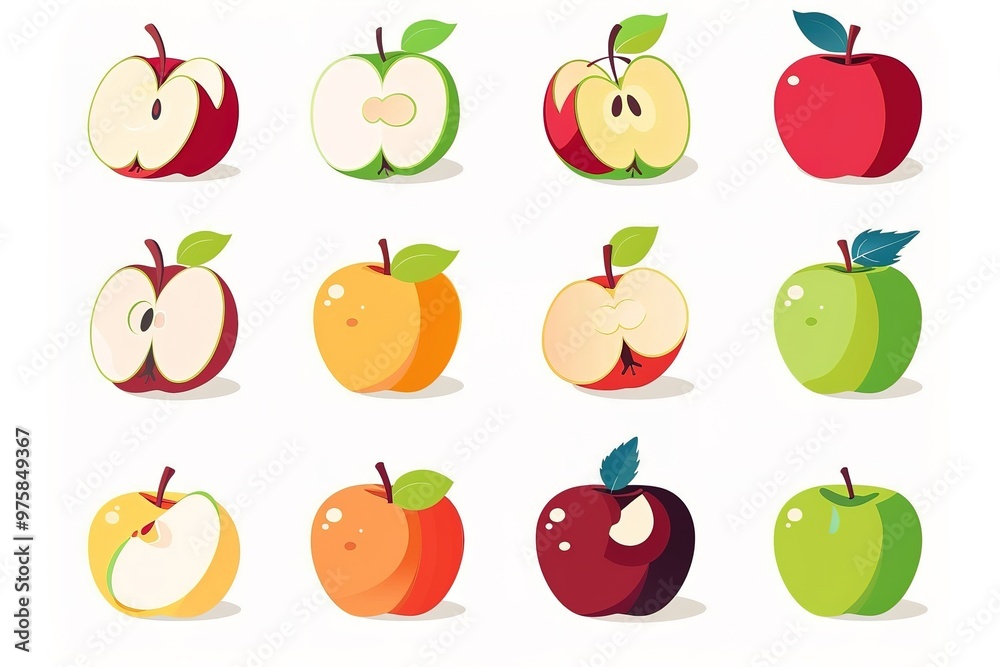 Apple fruit vector set in red and green colour. Set of apples and sliced apples isolated on white background. Whole, half, slice of red and green apple fruit with green leaves. Vector illustration Apple fruit vector set in red and green colour. Set of apples and sliced apples isolated on white background. Whole, half, slice of red and green apple fruit with green leaves. Vector illustration
