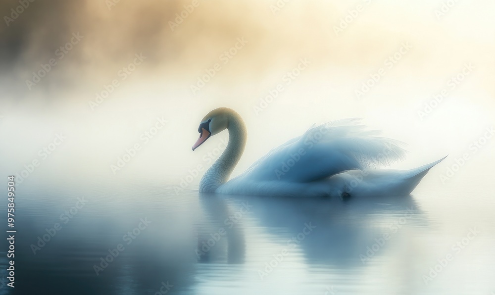 Fototapeta premium White swan drifting on still water, soft reflections and gentle ripples