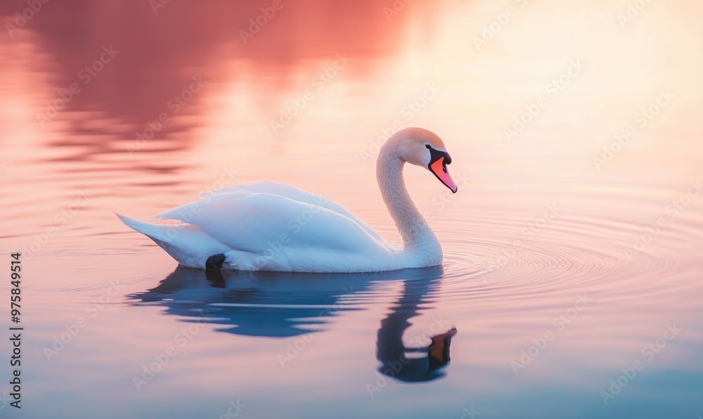 Fototapeta premium White swan drifting on still water, soft reflections and gentle ripples