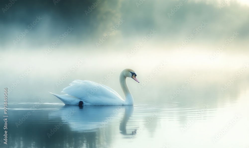 Fototapeta premium White swan drifting on still water, soft reflections and gentle ripples