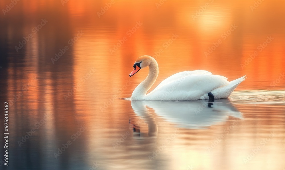 Fototapeta premium White swan drifting on still water, soft reflections and gentle ripples