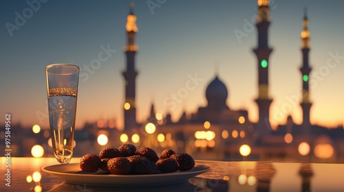 Iftar Setting with Fresh Dates and Water in Front of a Mosque at Sunset. Ramadan kareen background photo