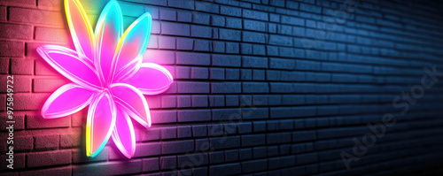 Neon Floral Glow Against Textured Wall, vibrant neon flower illuminating a textured brick wall, creating a striking contrast of colors and urban aesthetics. photo