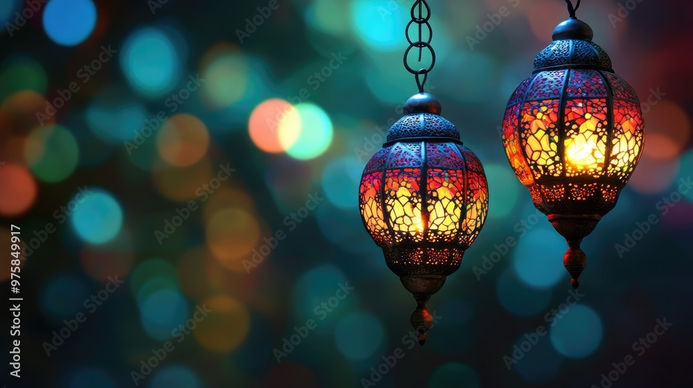 Two colorful lanterns hanging from a chain, one of which is lit Two colorful lanterns hanging from a chain, one of which is lit