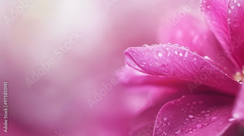  A tight shot of a pink flower, adorned with dewdrops on its petals and a shimmering wet center